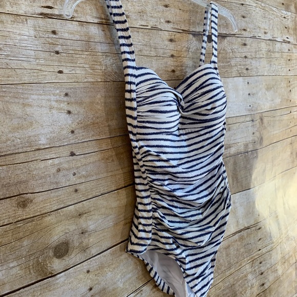 White and Navy Stripe One Piece Swimsuit EUC - Picture 2 of 3